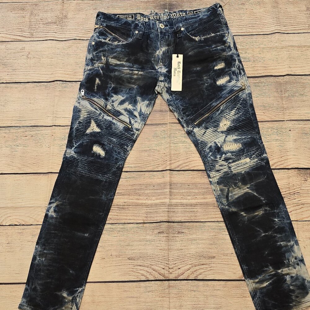 Rock Revival Moto Daviday Jeans Men's Destruction Blue Tie Dye Zippers Stretch
